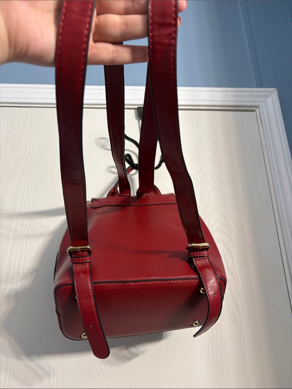 Structured Red Faux Leather Women's Backpack with Front Pocket - Picture 10 of 14